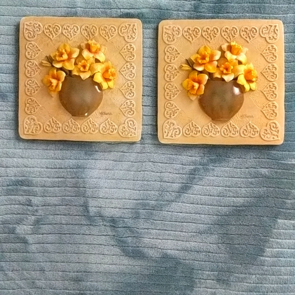 Wall decor set of two. Gold flowers olive beige base.